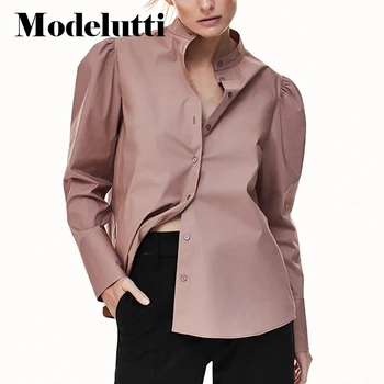Modelutti 2022 Nova Primavera, Outono Moda Poplin Mangas Puff Cor Sólida Blusa Casual Simples Camisa De Temperamento Tops Mulheres
