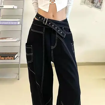 Mulher Jeans de Cintura Alta Carga Calças Multi-bolso Personalidade de Alta Cinto da Moda Casual Street Hipster Mulheres de Calças