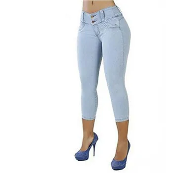 Mulheres de Cor Sólida de Alta cintura Elástica Sete centavos Calças 2021 Jean-como Pacote de Hip Calça Slims Algodão Mistura Casual Vestindo Novo