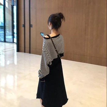 Mulheres Define O pescoço de Moletom Pulôver Listrado Tanque Vestido Estilo coreano Moda Casual Simples de Novo Street Wear Macio de Alta Qualidade 5