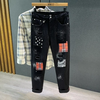 Novo Black Jeans Moda masculina Manta de Retalhos de Impressão de Hip Hop, Punk Streetwear Rasgado Buraco Remendo Jeans Stretch Denim, Calças de