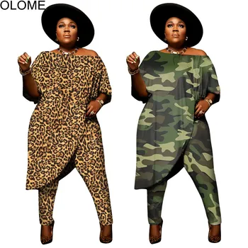 Novo Leopard Impressão de Camuflagem Mulheres Calças Conjunto de Grande Tamanho 3XL 4XL Outono de Barra do Pescoço Irregular de Longa T-Shirt Festa de Vestuário de Desporto