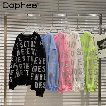 O Coreano Moda Moletom Mulheres 2021 Primavera Novas Letras Quente Do Cristal De Rocha Perfuração Candy Color Solta Suéter Com Capuz Sportswear Topo