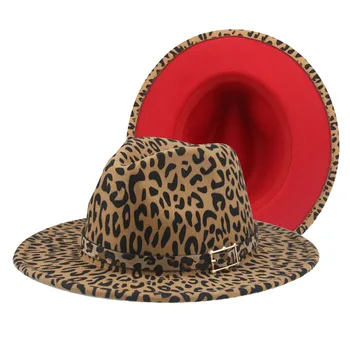 O Fedora Mulheres Chapéus Leopard Vermelho Patchwork Chapéus para os Homens de Hip-Hop de Rua Vintage Padrão de Leopardo Fedora Mulheres de Chapéu de Sombreros De Mulher
