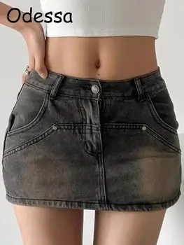 Odessa Vintage das Mulheres de Saia Jeans Bolsos de Cintura Baixa a Mini Saia Harajuku Streetwear Reta E Menina Inferior DE 90 Retro Verão Y2K
