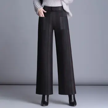 Office Lady Outono Inverno da Manta de Lã de Perna Larga Calças coreano Moda Tamanho Grande 5XL Solta Todas as Mulheres-jogo Casual Calças Retas