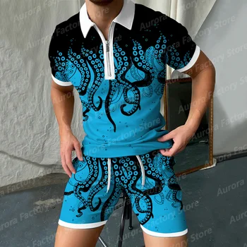 Os homens Verão de Treino de Moda virada para Baixo de Gola Zíper Polo Camisa+Shorts de Esportes Jogging Terno Casual Elegante Sweatersuit Conjunto 3