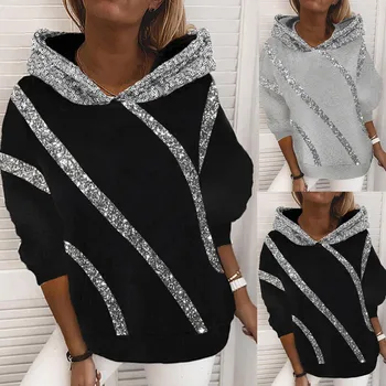 outono inverno quente do estilo impresso lantejoulas solta lã com capuz feminino Sweatershirt Mulheres Primavera Casual Manga Longa Streetwear NOVO 0