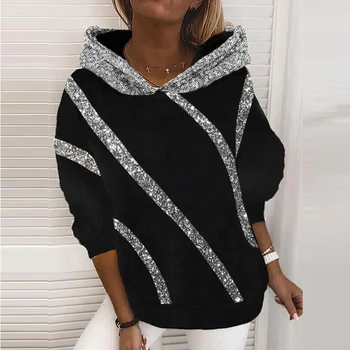 outono inverno quente do estilo impresso lantejoulas solta lã com capuz feminino Sweatershirt Mulheres Primavera Casual Manga Longa Streetwear NOVO 1