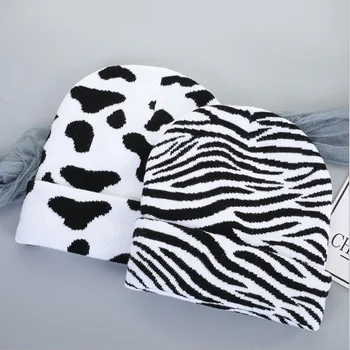 Padrão Zebra Manter Aquecido Skullies Beanies Unisex Cravação De Moda De Inverno, Leite Padrão De Chapéu De Malha De Esqui Pac