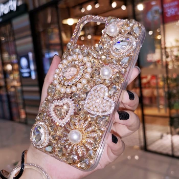 Para Samsung Galaxy Nota 20 10 9 8 S20 S21 Ultra S10E/9/8 Plus Luxo DIY Bling Ouro Crystal Pearl Diamond Gem Flor da Tampa da caixa 3
