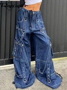 Rapcopter y2k Curativo calça Jeans Punk Metal Azul Folgado Streetwear Calças para Mulheres coreano Estética Grunge Jeans Vintage Elegante 90
