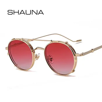 SHAUNA Moda Polarizada Steampunk Óculos de sol Removível Flip Vintage Rodada Anti-Azul Metal Leve Óculos com Armação