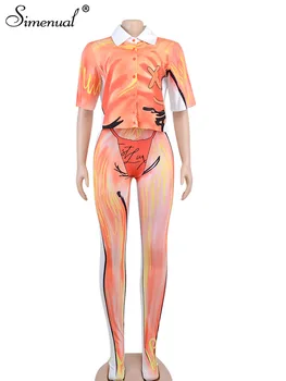 Simenual Gradiente De Impressão Multicolor De 2 Conjuntos De Peças De Mulheres Breasted Único Polo Camisa Solta Estética Legging Desgaste Externo Roupas