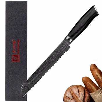 Sunlong faca de Pão 8 polegadas Slamwich Segmentação de dados Japonês 67 camadas de aço Damasco Bolo Faca do Cortador de Pizza Mikata Lidar com