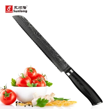 Sunlong faca de Pão 8 polegadas Slamwich Segmentação de dados Japonês 67 camadas de aço Damasco Bolo Faca do Cortador de Pizza Mikata Lidar com 3