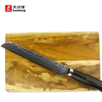 Sunlong faca de Pão 8 polegadas Slamwich Segmentação de dados Japonês 67 camadas de aço Damasco Bolo Faca do Cortador de Pizza Mikata Lidar com 4