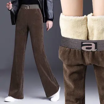 Tamanho Grande Lambwool De Inverno De Veludo Calças Para Mulheres Casuais, Além De Veludo Cintura Alta Calças Largas Ao Ar Livre Grosso Vintage Mãe Pantalones