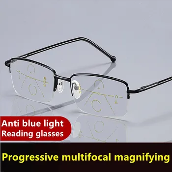 Venda Quente Progressiva Óculos De Leitura Multifocal Anti Raio Azul De Vidro Copos Pela Metade Do Frame Liga De Metal Homens Mulheres 1.5 1.0 2.5 Preto