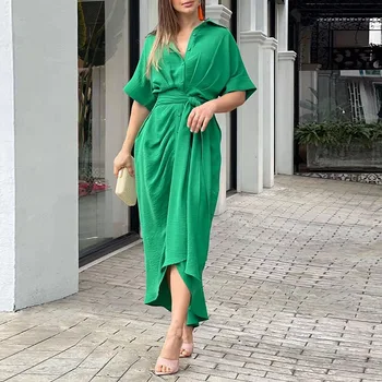 Verde Solta Maxi Camisa de Vestido das Mulheres de Verão Casual Elegante Vire para baixo de Gola Botão para Baixo Curativo Vestido Longo de Manga Curta Ruched