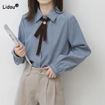 Vintage Estilo Preppy de Lã de Manga Longa, Gola-Polo Camisa Outono Inverno coreano Cor Sólida Arco Emendados Blusa de Roupas femininas