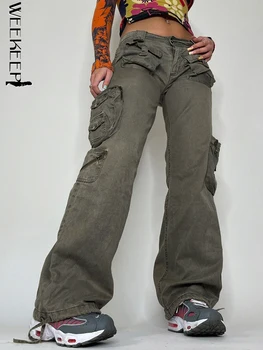 Weekeep Y2k Grunge calça Jeans de Baixo crescimento Bolso Grande colcha de Retalhos Reta Calças Jeans Vintage Streetwear calças de Brim das Mulheres 2022 Techwear