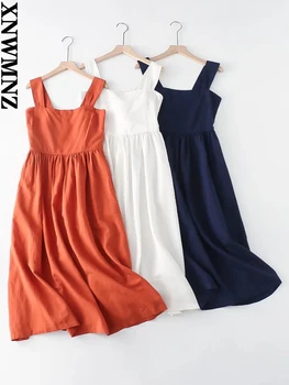 XNWMNZ 2022 verão as mulheres de moda cânhamo misturados plissado vestido de mulher retro alças largas casual feminino vestidos chiques 0