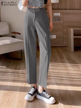 ZANZEA Casual coreano de Moda de Calças para Mulheres Desgaste de Escritório Cintura Alta Cortada Calça Outono Bolsos de Calças Simples Pantalon Mujer